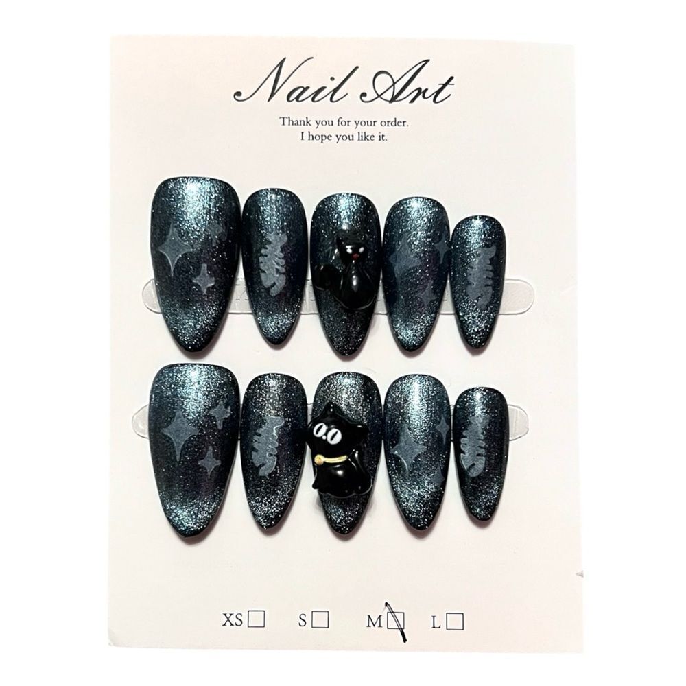 Stylish HandmadeโGlittery Blue Cat Charm Press-On Nails Size M